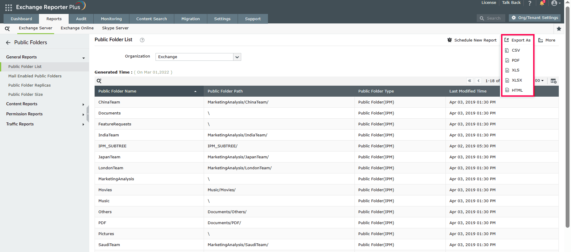 Export public folder lists using Exchange Reporter Plus